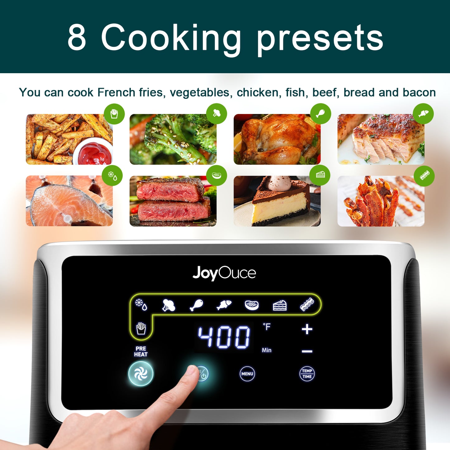 JoyOuce Air Fryer 5.8 QT with Extra Air Fryer Accessories for Oilless Cooking,Smart Touch Screen with 8 Presets,1700W (5.8qt, black-2a)