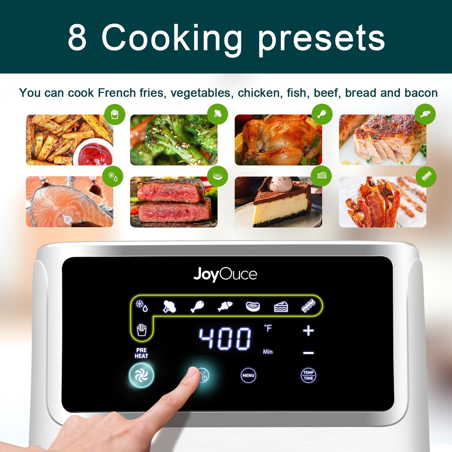 JoyOuce Air Fryer 5.8 QT with Extra Air Fryer Accessories for Oilless Cooking,Smart Touch Screen with 8 Presets,1700W (5.8qt, white-2a)