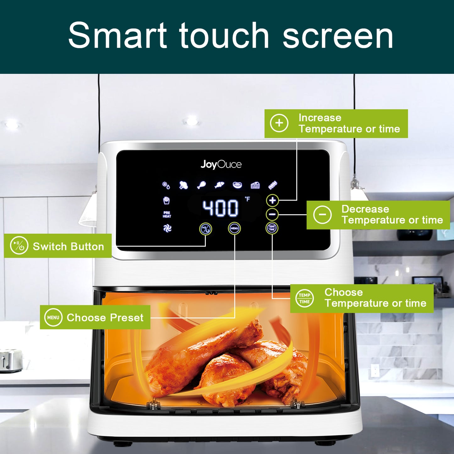 JoyOuce Air Fryer 5.8 QT with Extra Air Fryer Accessories for Oilless Cooking,Smart Touch Screen with 8 Presets,1700W (5.8qt, white-2a)