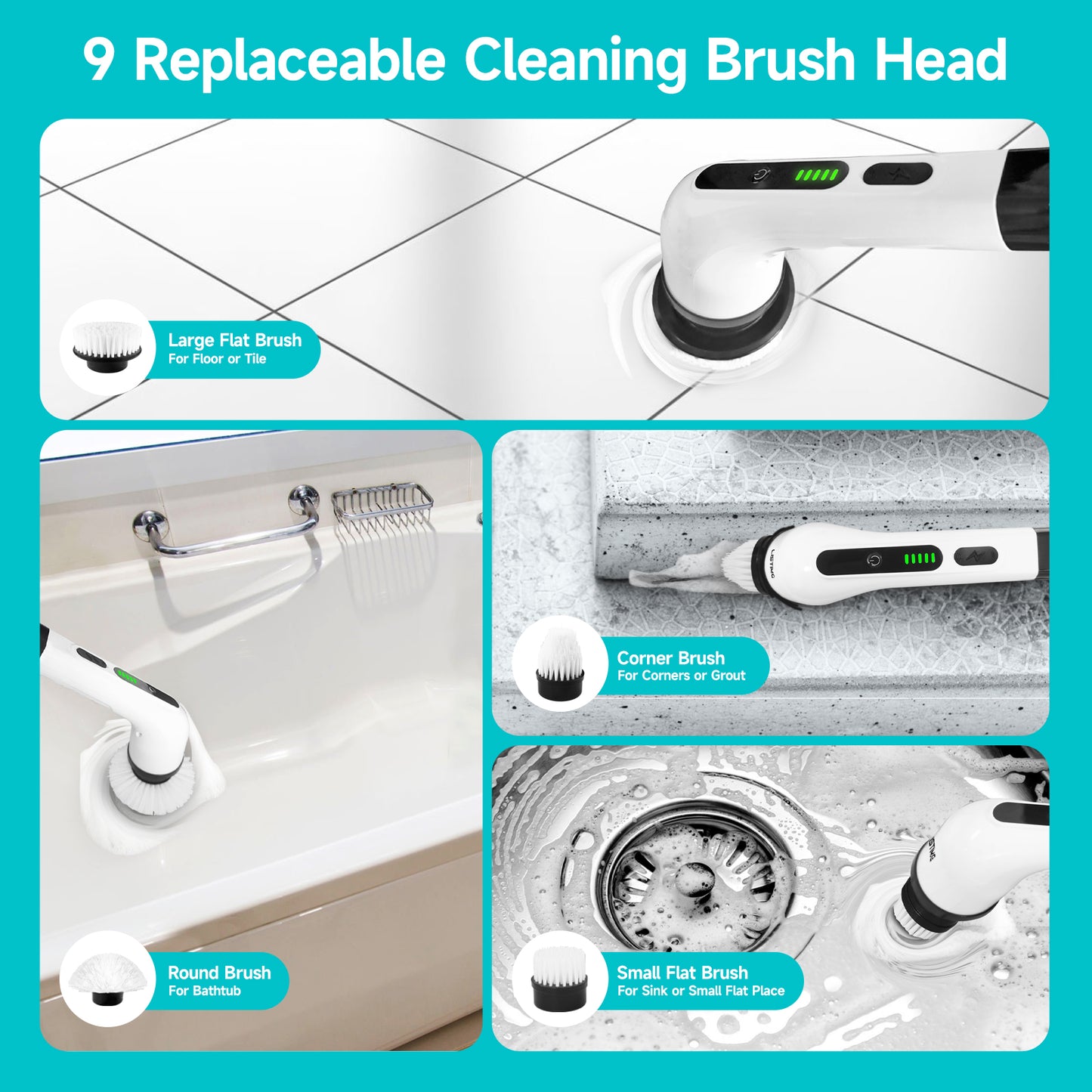 Listime® Electric Spin Scrubber with 9 Replaceable Brush Heads