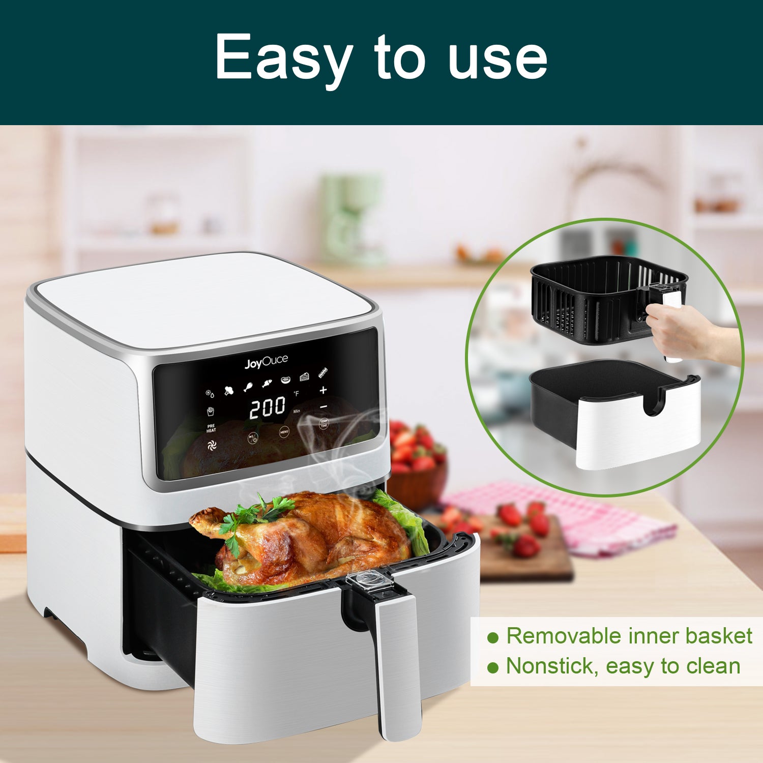 JoyOuce Air Fryer 5.8 QT with Extra Air Fryer Accessories for Oilless Cooking,Smart Touch Screen with 8 Presets,1700W (5.8qt, white-2a)