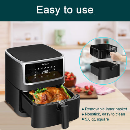 JoyOuce Air Fryer 5.8 QT with Extra Air Fryer Accessories for Oilless Cooking,Smart Touch Screen with 8 Presets,1700W (5.8qt, black-2a)