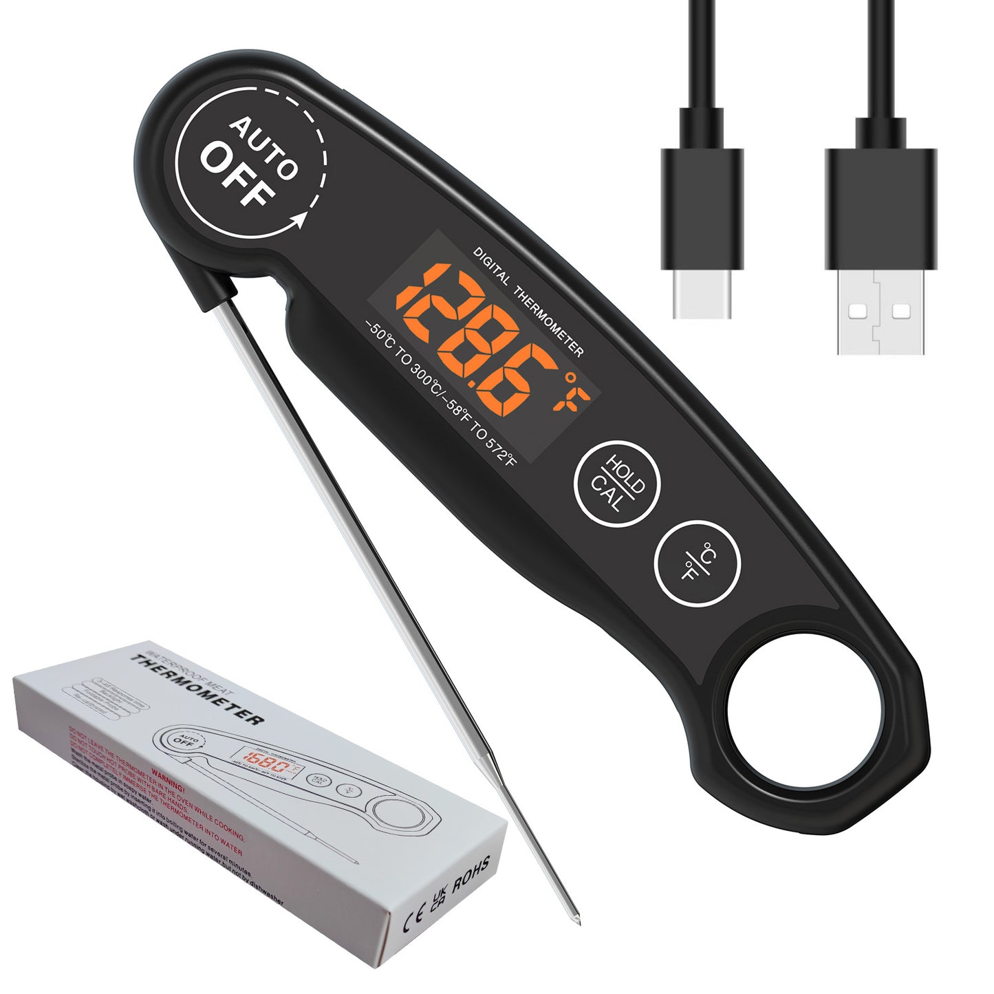 Rechargeable Digital Meat Thermometer with LED Screen, Readings Fast and Accurate Instant Read Food Thermometer for BBQ, Grill